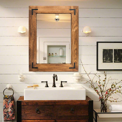 YOSHOOT Rustic Wooden Framed Wall Mirror, Natural Wood Bathroom Vanity Mirror for Farmhouse Decor, Vertical or Horizontal Hanging, 32" x 24", Brown - WoodArtSupply