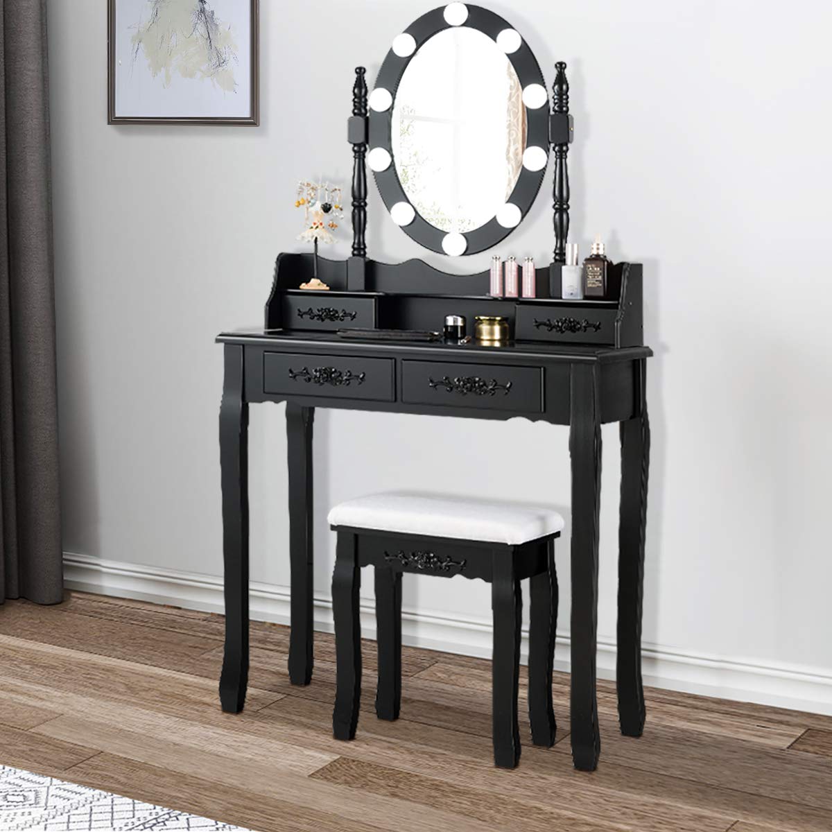 Giantex Makeup Vanity Table with 10 LED Lights, Adjustable Brightness, 4 Drawers, Rotatable Mirror, Cushioned Stool, Vanity Desk Dressing Table Bedroom Furniture (Black) Giantex