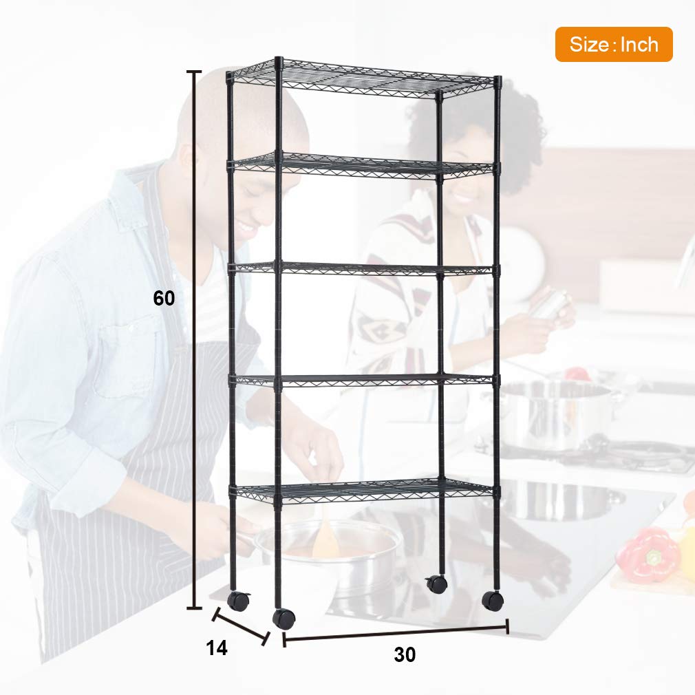 Wire Shelving Unit Metal Shelf Organizer Heavy Duty Wire Rack Storage Unit Rack Utility for Bathroom Office Kitchen (Black, 14" D x 30" W x 60" H)