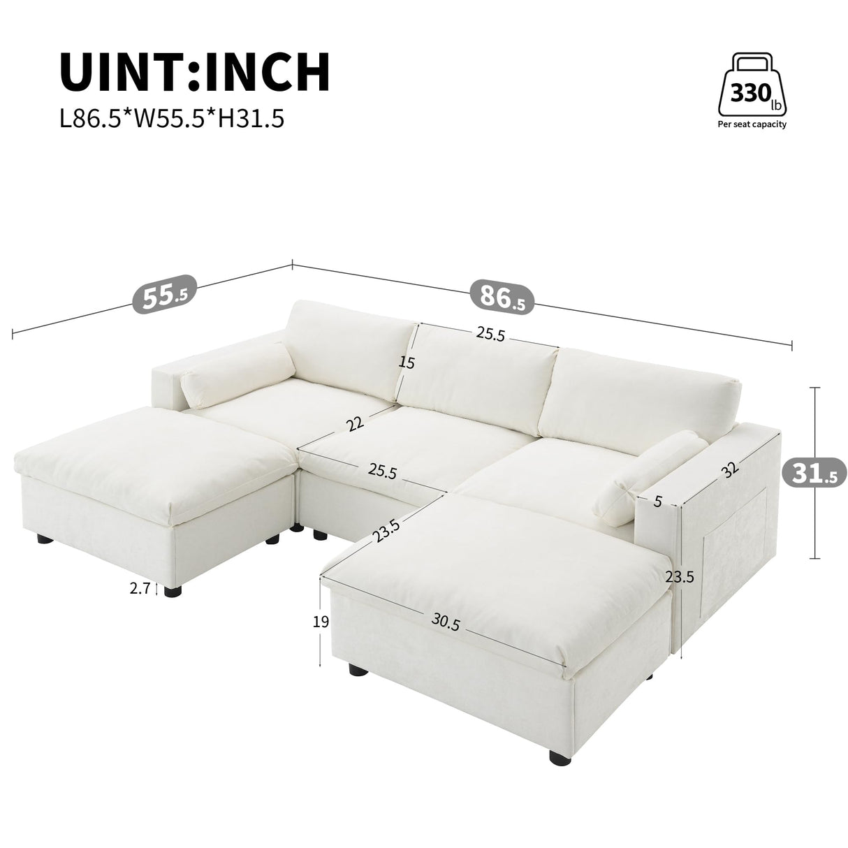 Merax 86.5" Sectional Sofa with Storage Pockets & Removable Ottomans, Cream 5 Seat U Shaped Sleeper Cloud Couch Set, Convertible L-Shaped Upholstered SofaBed for Living Room and Apartment, White Merax