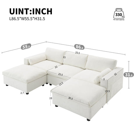 Merax 86.5" Sectional Sofa with Storage & Ottomans-Cream 5-Seater Sleeper Cloud Couch, Space Saving Convertible L/U Shaped Sofa Set, Chenille Upholstered Couches Bed for Living Room & Apartment, White Merax