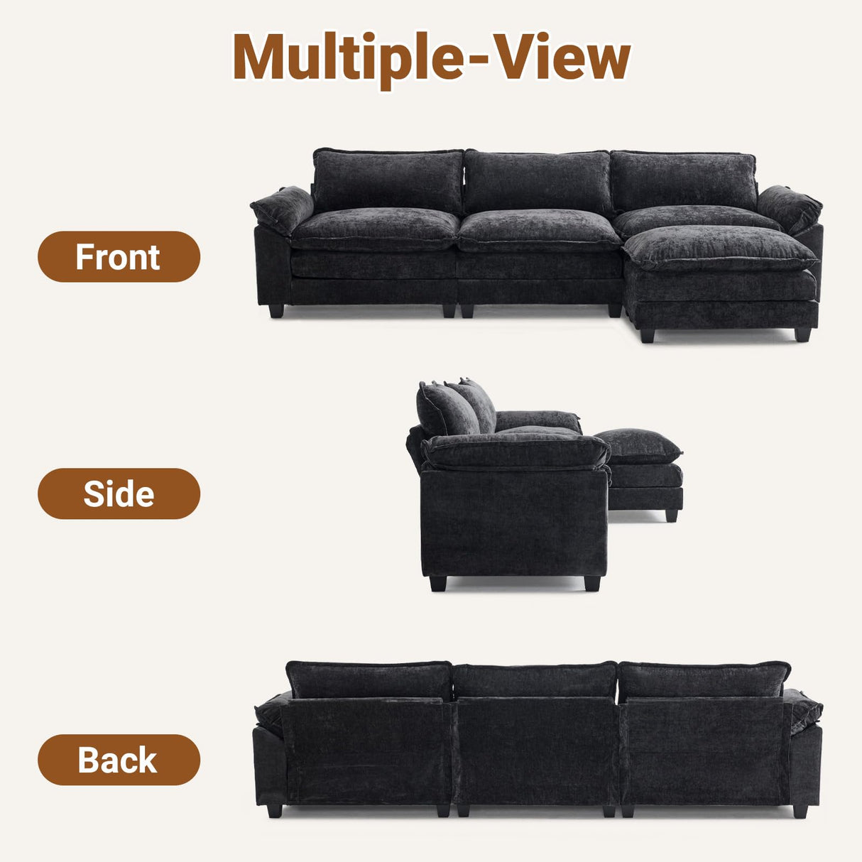 VINGLI 122" Cloud Black Convertible Sectional Sofa, Comfy L-Shape Extra Deep Seat Sofa Couch for Living Room,Modern Chenille 3-Seat Convertible Sofa with Movable Ottoman for Small Space VINGLI