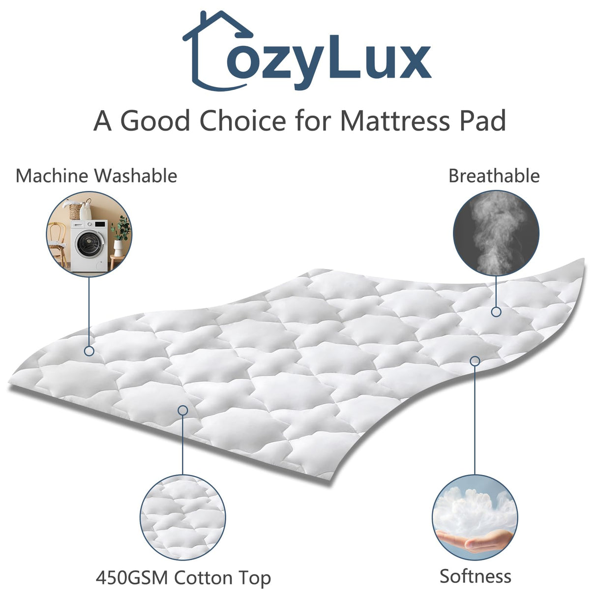 CozyLux King Mattress Pad Cotton Cooling Mattress Cover Deep Pocket Up to 21" Bed Mattress Protector Non Slip Breathable Soft Mattress Topper Thick 450GSM Bed Mattress Topper (78x80) Inches White CozyLux