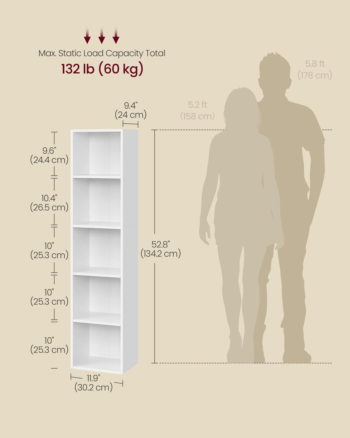 VASAGLE Custos Collection - Bookshelf, 5-Tier Bookcase, Book Shelf, Open Storage Shelf, 9.4 x 11.9 x 52.8 Inches, for Living Room, Home Office, Dinning Room, Cloud White ULBC419W01 VASAGLE