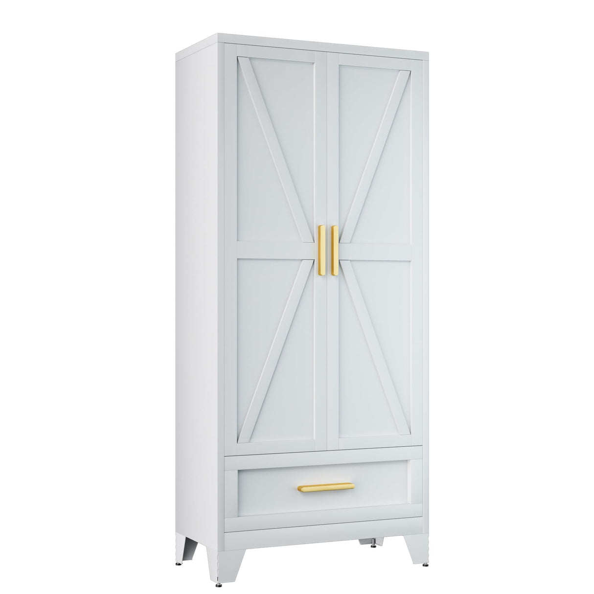 71 Farmhouse Metal Wardrobe Closet with Hanging Rod, 2 Barn Doors, Adjustable Shelves, Steel Armoire with Drawer for Home, Bedroom Black COFaR