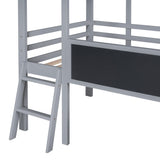 Harper & Bright Designs Kids House Loft Bed with Slide, Twin Size Low Loft Bed with LED Lights & Blackboard, Wood Playhouse Loft Bed with Ladder and Slats Support, for Kids Boys Girls, Gray Harper & Bright Designs