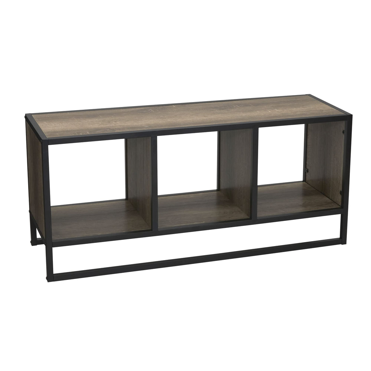 Household Essentials Jamestown TV Stand Coffee Table with Square Cube Storage Compartments Ashwood Rustic Wood Grain and Black Metal Household Essentials