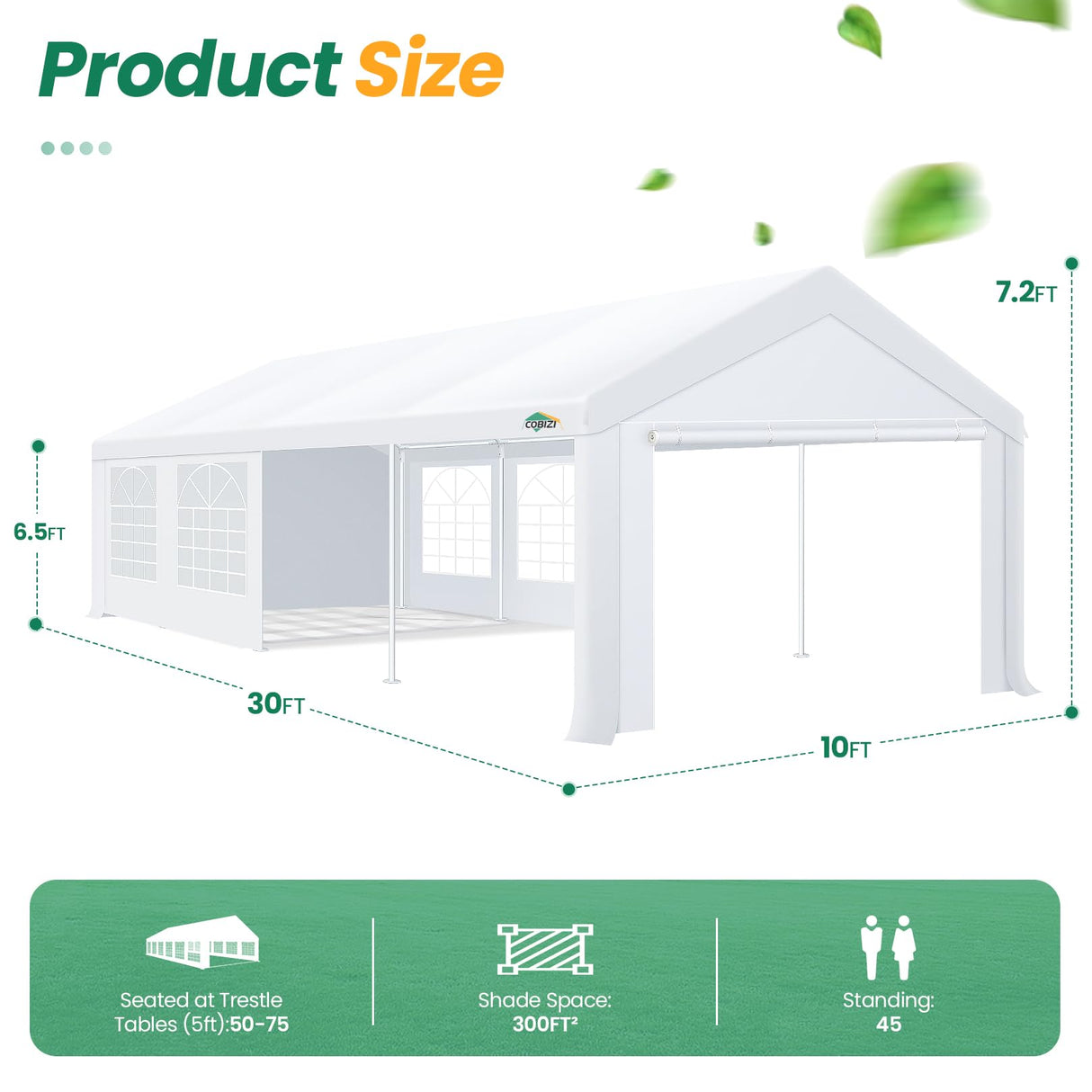 COBIZI 10x30 Party Tent Heavy Duty, 10x30 Tent Canopy with Removable Sidewalls & 4 Built-in Sandbag, Commercial Wedding Large Tent, UV 50+, Waterproof, White COBIZI