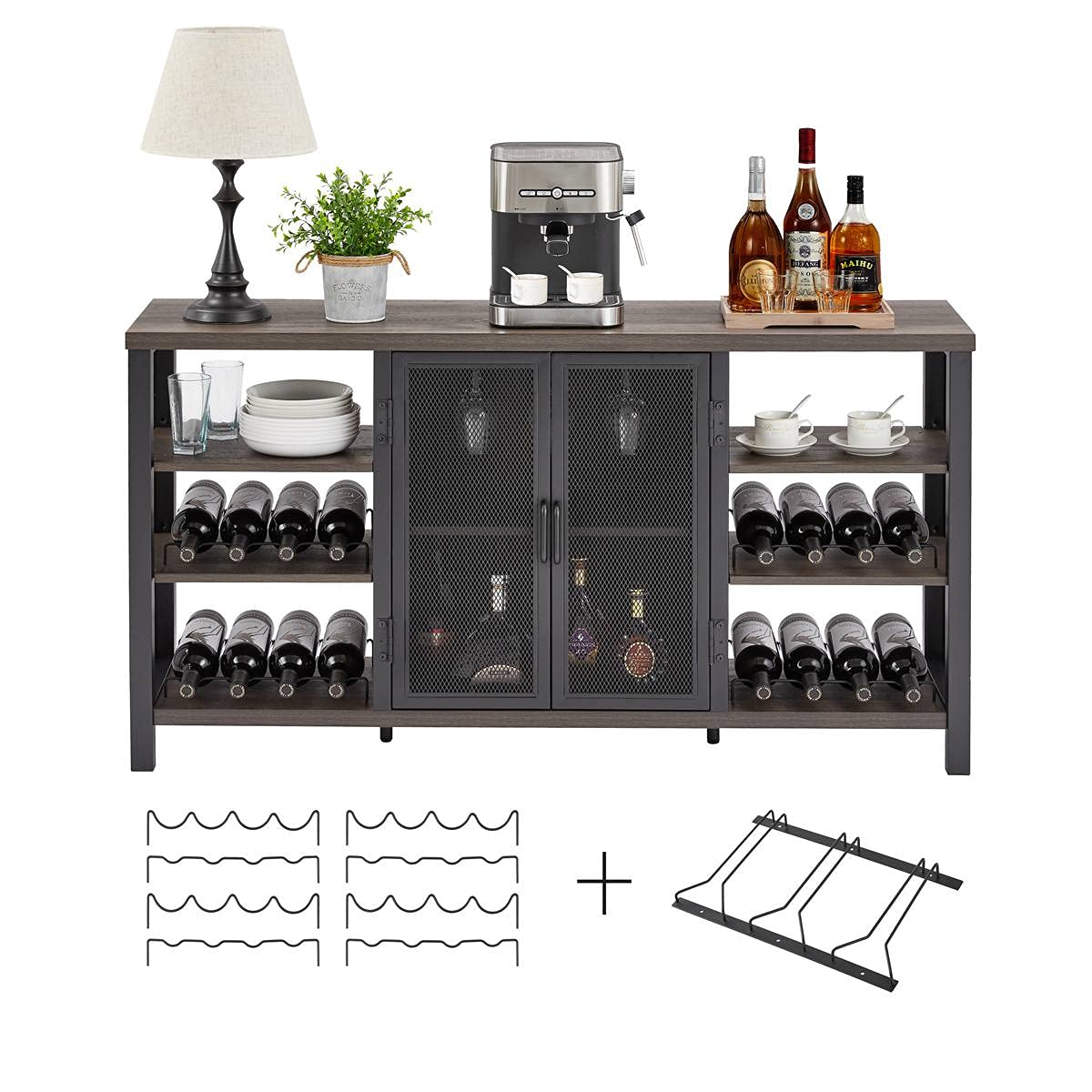 FATORRI Industrial Wine Bar Cabinet for Liquor and Glasses, Wood Coffee Bar with Wine Rack, Metal Sideboard and Buffet Cabinet (55 Inch, Walnut Brown)