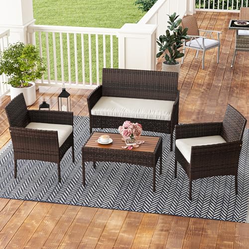 YITAHOME 4-Piece Patio Bistro Set, All-Weather Outdoor Patio Furniture Rattan Wicker Loveseat Conversation Set with Wooden Side Table and Soft Cushions, Brown+Beige - WoodArtSupply