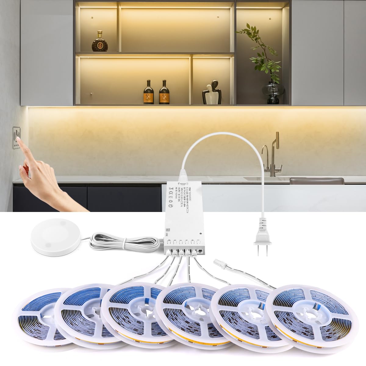 AIMENGTE 12V COB LED Cabinet Light Strip, 6-in-1 Penetrable Touch Dimming, for Wine Cabinets, Shoe Racks, Display Cabinets, Wardrobes, Kitchen Cabinets, and Showcase Lighting AIMENGTE