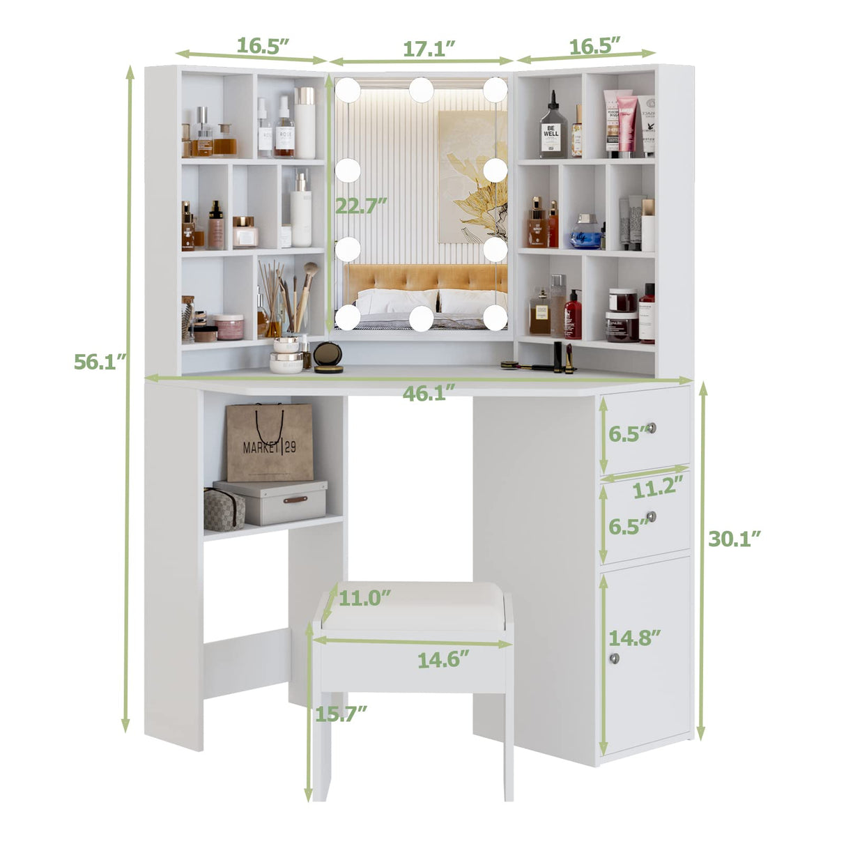 Fameill Corner Makeup Vanity Desk with Lighted Mirror,White Vanity Set with Lights,Large Dressing Tables with Lots Storage for Bedroom,3 Lighting Modes with Adjustable Brightness,46 Inch Fameill