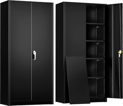 Greenvelly Metal Storage Cabinet with Lock,71" Steel Garage Storage Cabinet with 2 Doors and 4 Adjustable Shelves,Lockable File Cabinet, Metal Tool Cabinets for Office,Home,Garage,Gym,School (Black)