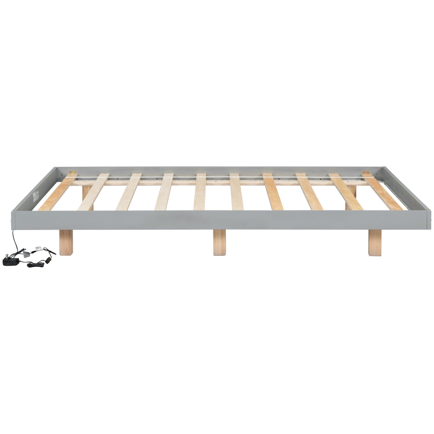 10.5"Classic Low Profile Floating Solid Wood Platform Bed，Floor Bed Frame With Led Ambient Lighting,Japanese Style Design Without Headboard Easy Assembly No Box Springs Required (Grey, Full)