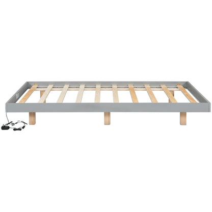 10.5"Classic Low Profile Floating Solid Wood Platform Bed，Floor Bed Frame With Led Ambient Lighting,Japanese Style Design Without Headboard Easy Assembly No Box Springs Required (Grey, Full)