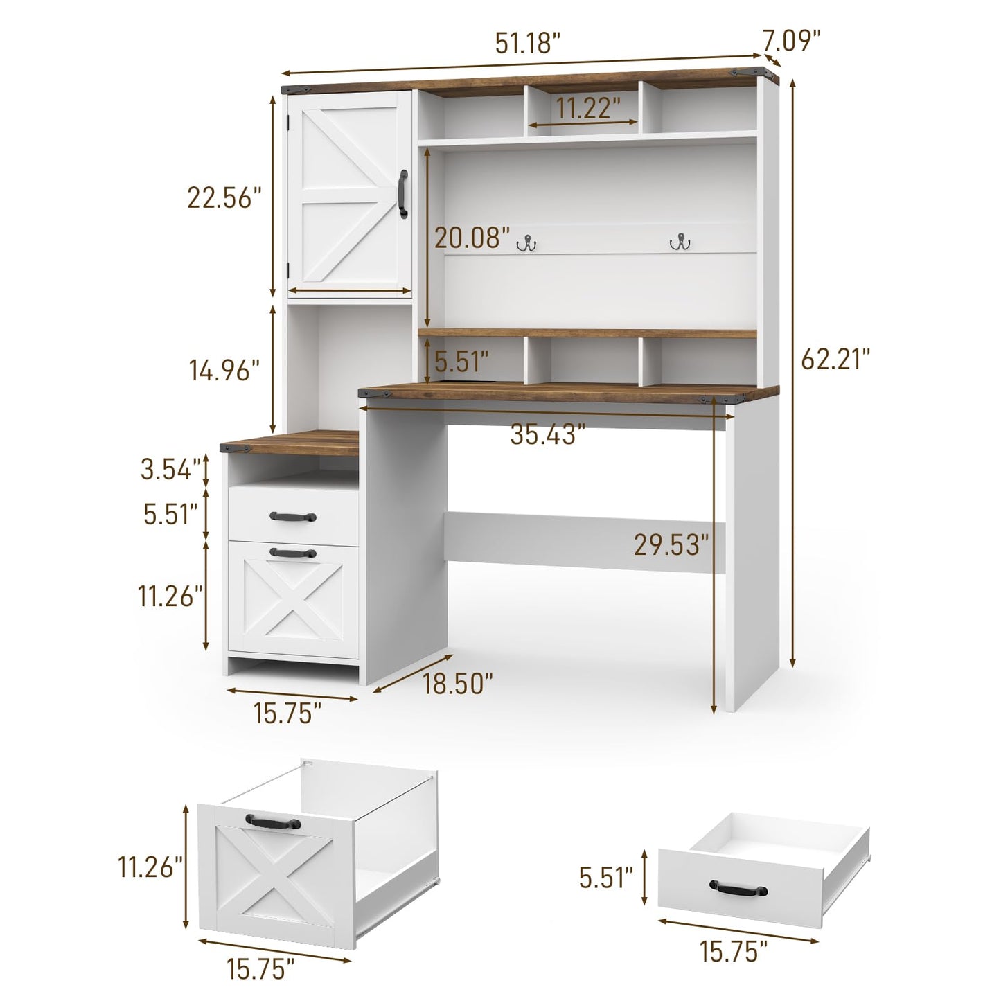 Vabches 51" Executive Desk Farmhouse Home Office Desk with Charging Station, LED Light, File Drawer, Storage Cabinet, Monitor Stand, Wood Computer Desk with Hutch for Work Study Writing (White)