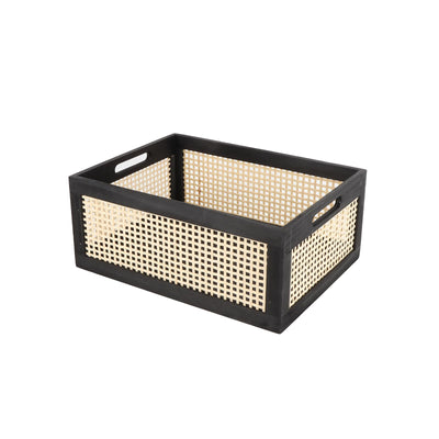 SHCMSADO Wooden Frame Storage Basket, Decorative Organizer Crates Box with Built-in Handle,Natural Wire Wood Nesting Drawer Storage for Kitchen, Bathroom and Office Desktop-(15" Lx11 Wx6.3 H-Black)