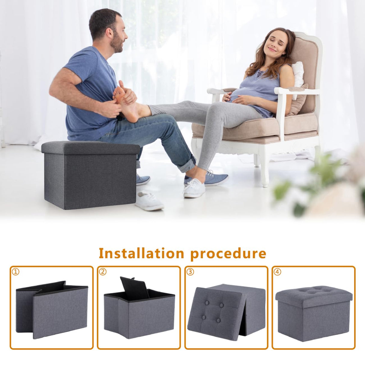 ALASDO Ottoman Storage Ottoman Footrest Stool Small Ottoman with Storage Foldable Ottoman Foot Rest Footstool Bench for Living Room 17x13x13inches Grey ALASDO