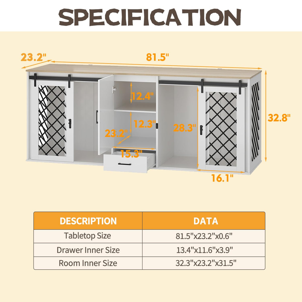DAWNSPACES Furniture Dog Crate,81.5" Heavy Duty Wooden Dog Cage Kennel with a Storage Drawer, Shelves,Sliding Doors,Indoor Furniture Style Dog Crate Table,Dog House for Medium Dogs,White DAWNSPACES