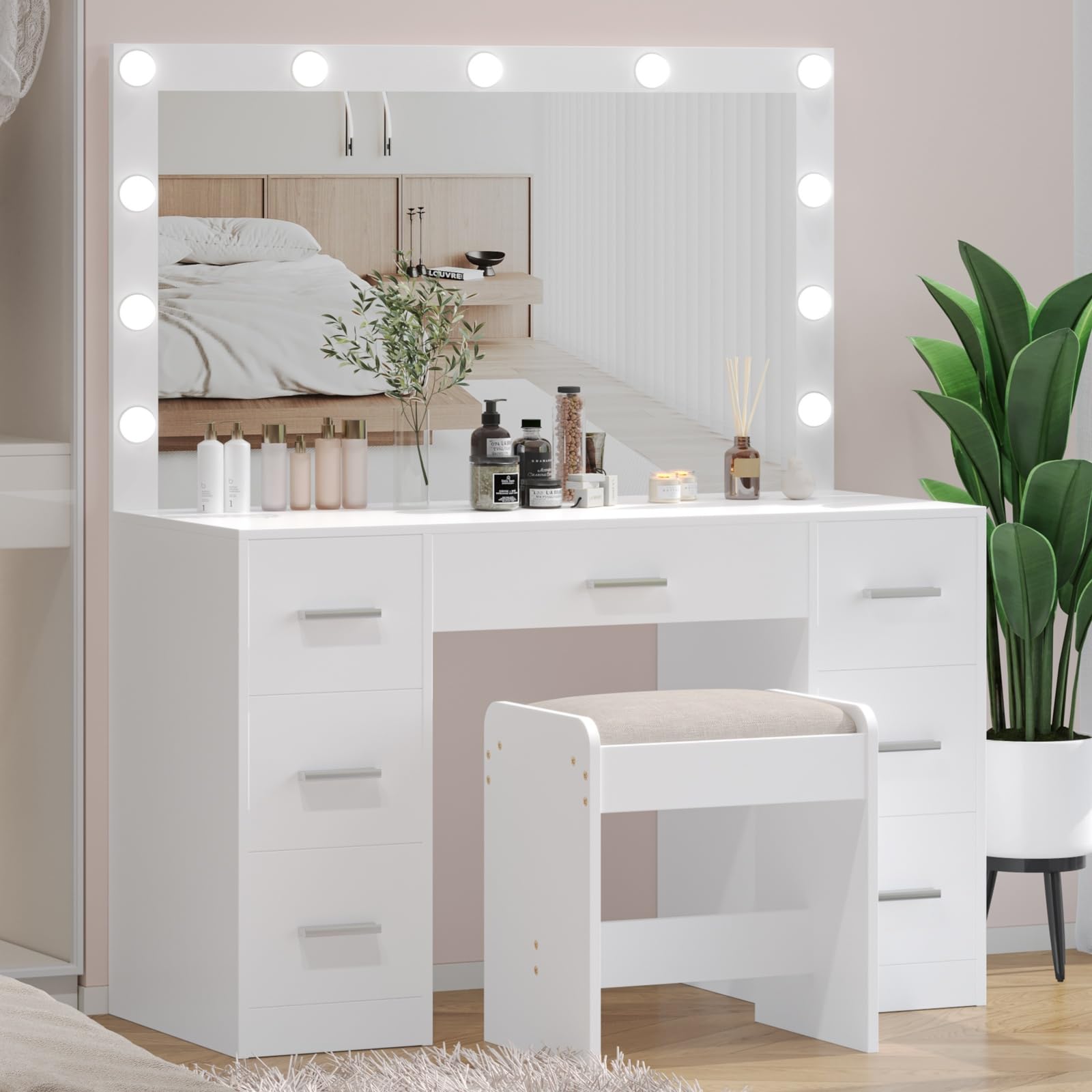 Irontar Vanity Desk with Stool, Makeup Table with Lighted Mirror, 3 Color Lighting Modes, Brightness Adjustable, Dressing Table with Drawers, Vanity Table Set for Women, White WDT004WD - WoodArtSupply