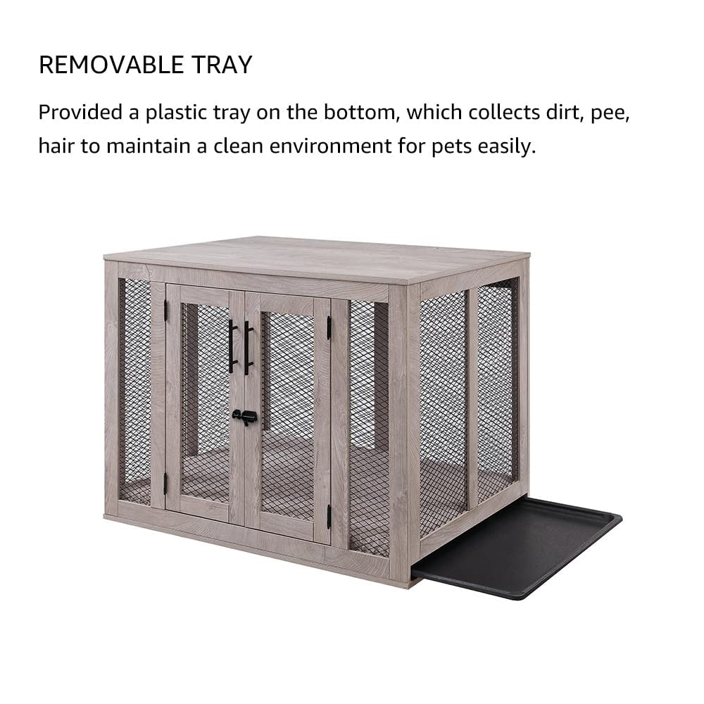 unipaws Large Dog Crate Furniture, Wooden Dog Kennel for Large Breed, Indoor Decorative Wood Dog Cage, Inside Side End Table Crate with Tray and Dog Bed, Dog Enclosure, for Dogs Up to 70 lbs unipaws