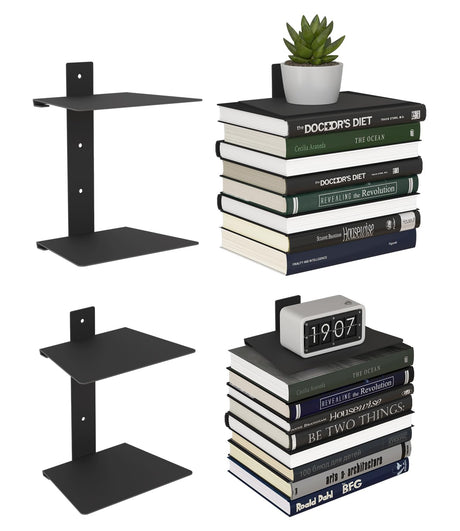 Wawocs Invisible Floating Book Shelves for Wall, 4 Tier Heavy Duty Metal Loads 60LBS, Vertical Spine Book Tower Floating Bookshelves, Book Organizers for Home Office, 2 Pack Black Wawocs