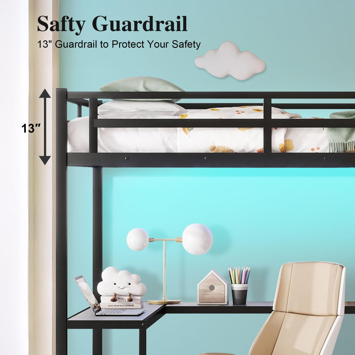 Full Size Loft Bed with Desk and Wardrobe, Metal Heavy Duty Loft Bed with Storage Stairs, LED Lights, USB Port, Full Loft Bed Frames for Kids, Junior, Adults, Space Saving, Noise Free (Black, Full) XUWANSHANG