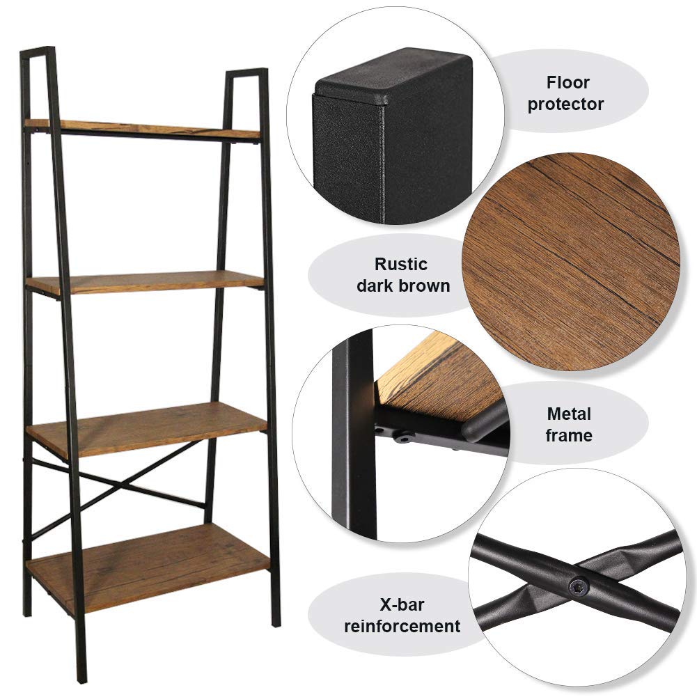 Blissun Ladder Shelf, 4-Tier Bookshelf, Storage Rack Shelf for Office, Bathroom, Living Room, Hazelnut Brown Blissun