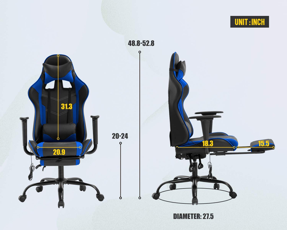 Gaming Chair Office Chair Desk Chair Massage PU Leather Recliner Racing Chair with Headrest Armrest Footrest Rolling Swivel Task PC Ergonomic Computer Chair for Back Support, Blue BestOffice