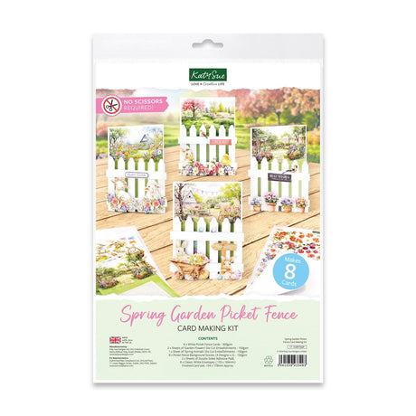Katy Sue Spring Garden Picket Fence Card Making Kit. Contains 8 Shaped Cards, 3 Sheets of Die Cut Decoupage, Adhesive Foam Pads, Background Scenes, Instructions & 8 Envelopes for Card Making Supplies Katy Sue