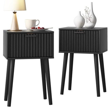 LAATOOREE Nightstands Set of 2, Small Side Table, Bedside Table with Fluted Door, Solid Wood Feet; Modern Mid-Century End Table for Bedroom, Small Space (Black) LAATOOREE
