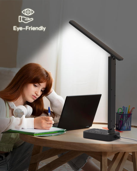 Addtam LED Desk Lamp, Power Strip with 3 Outlets 4 USB Charging Ports(2 USBC), 4 Modes 5 Level Brightness Touch Lamp, Small Desk Lamp for Home Office College Dorm Room Essentials Addtam