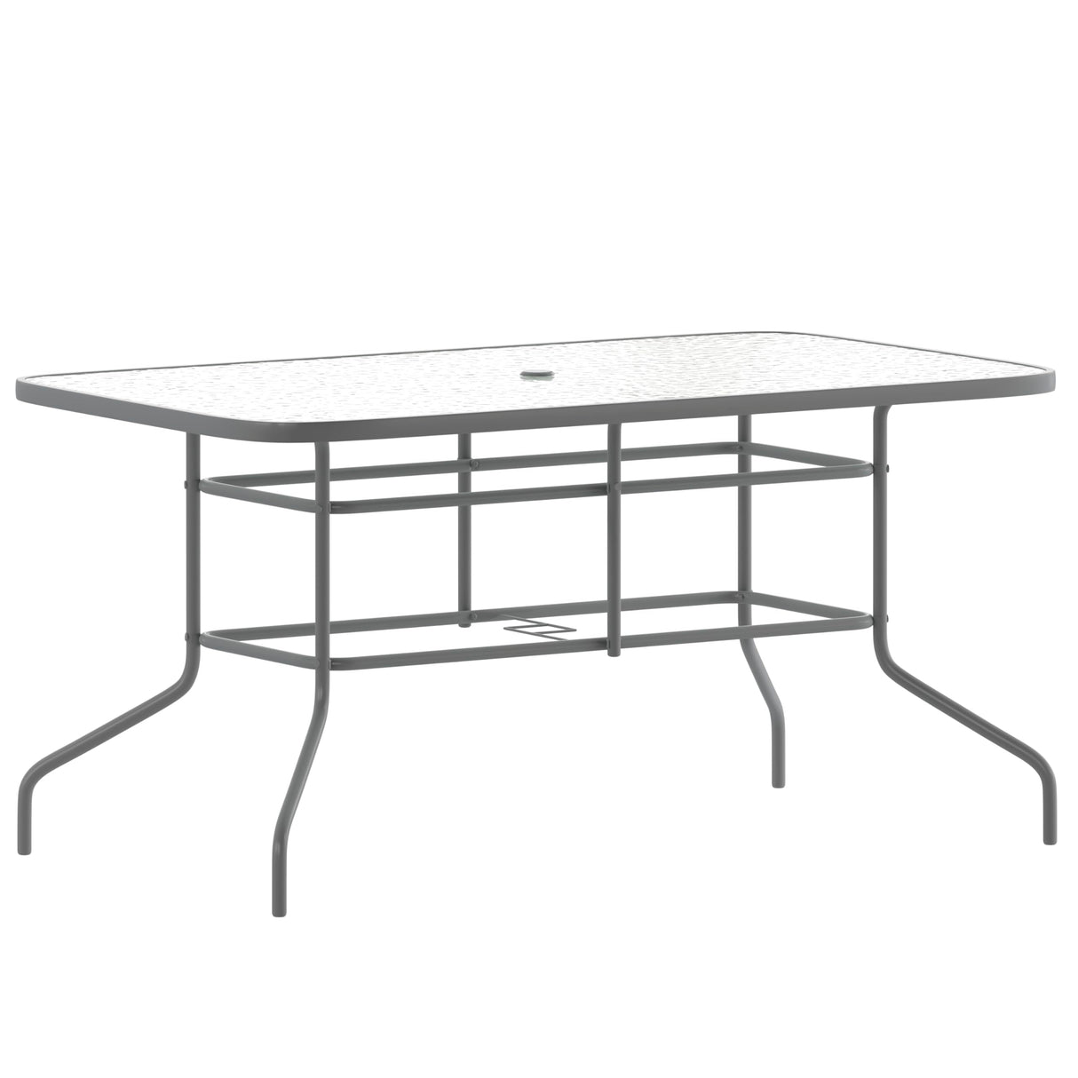 Flash Furniture Tory 31.5" x 55" Rectangular Tempered Glass Metal Table with Umbrella Hole, Silver Flash Furniture