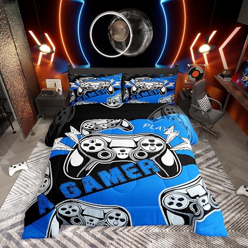 Erosebridal Twin Comforter Set for Boys Girls Kids, Gamer Comforter Set for Boys Teens, Gaming Console Bedding Decor Blue Black 2Pcs Erosebridal