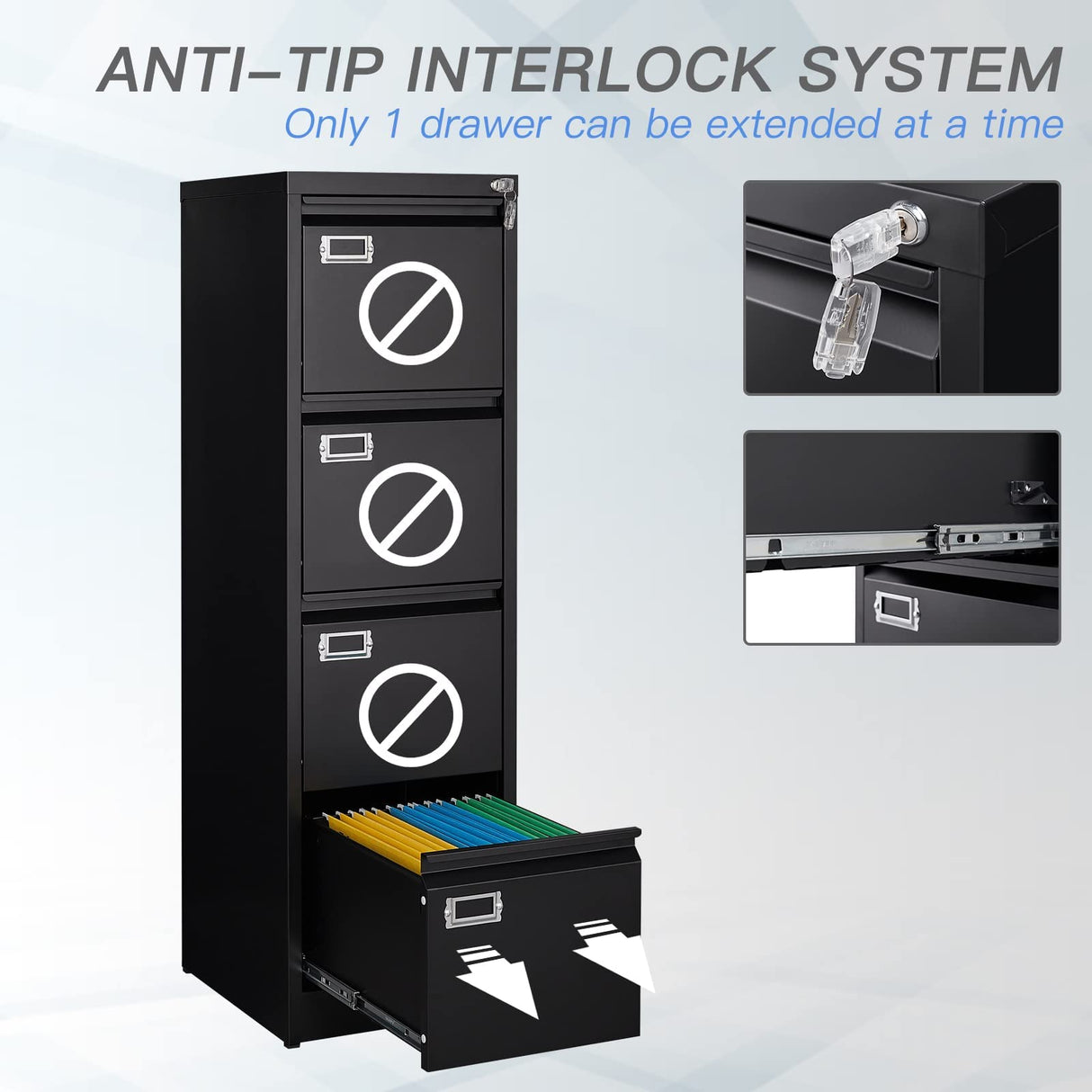 Yizosh 4 Drawer Black File Cabinet with Lock, Filing Cabinets for Home Office, Metal Locking Office File Storage Cabinets with Drawers, Vertical Small Filing Cabinet Organizer for Legal/A4 Yizosh