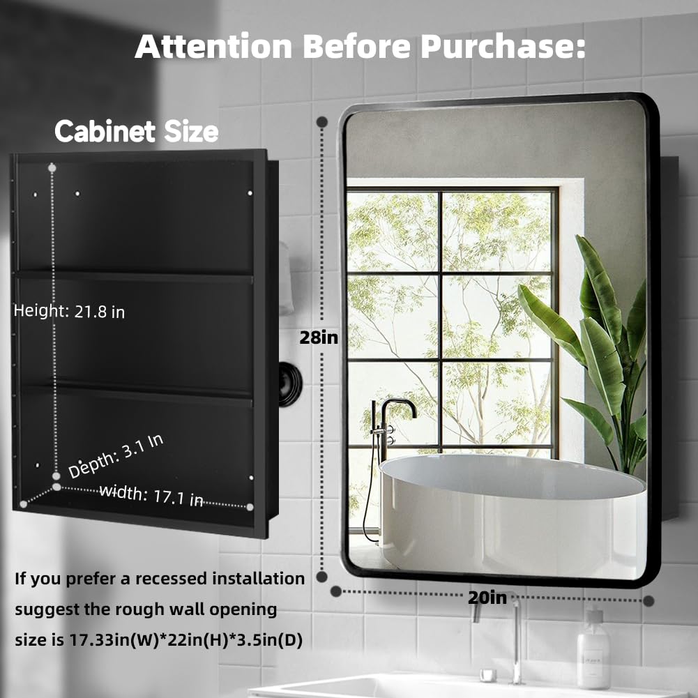 Movo Medicine Cabinet with Mirror, 20 Inch x 28 Inch Farmhouse Black Metal Framed Rectangle Bathroom Mirror Cabinet, Recess or Surface Mount Movo