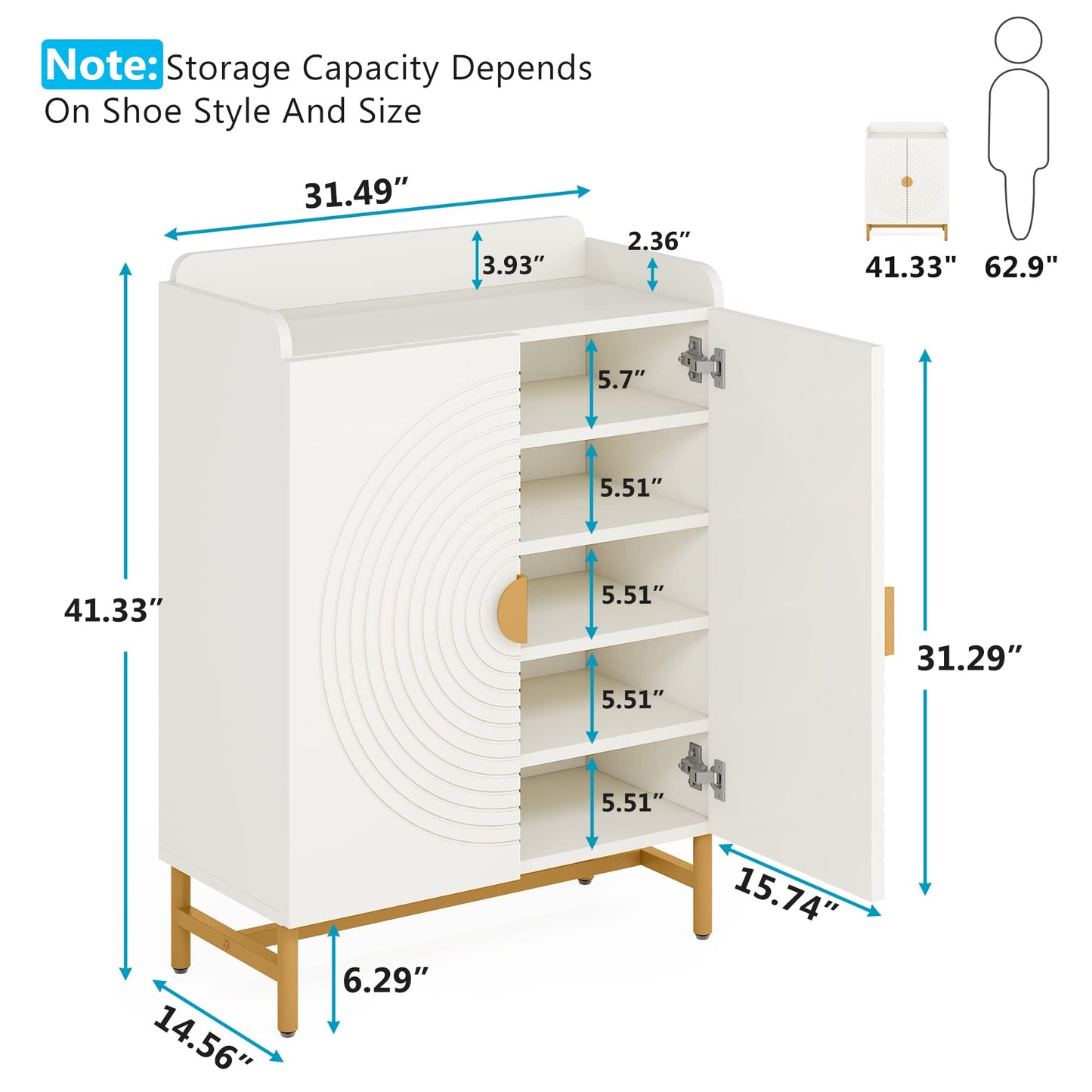 Tribesigns 6-Tier Shoe Cabinet with Doors, Shoe Storage Cabinet with Adjustable Shelves (White & Gold) - WoodArtSupply