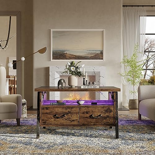 Bestier Lift Top Coffee Table for Living Room, Mid Century Modern Wood Coffee Table with Led Lights & Storage Drawers, Dual Color Tabletop Industrial Coffee Table (Rustic Brown+Golden Black)