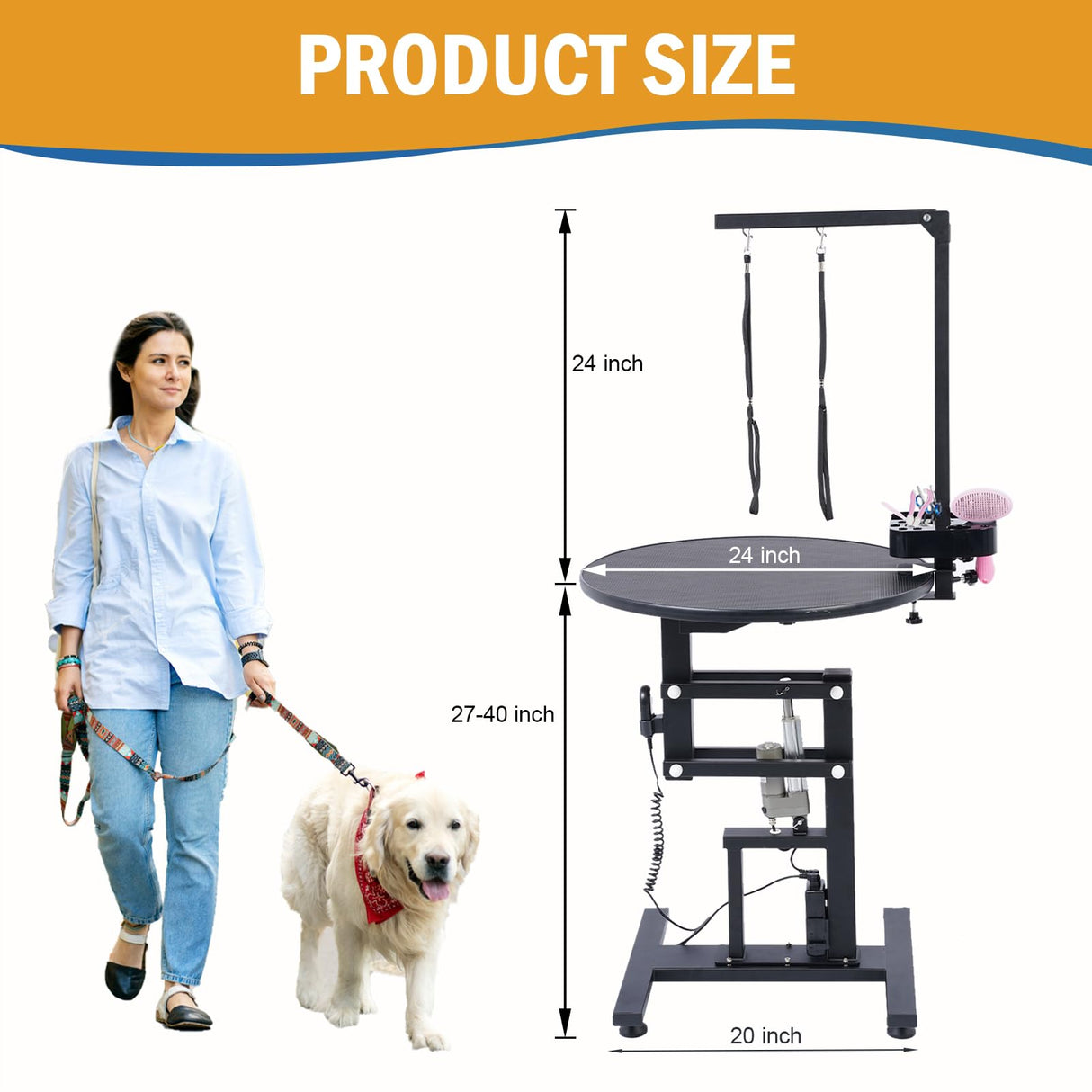 24" Electric Dog Grooming Table with Wired Remote Control, Professional Heavy Duty Pet Grooming Table for Dogs at Home, Adjustable Overhead Arm & Tool Organizer, Small Pet Grooming Station URBANVISTA
