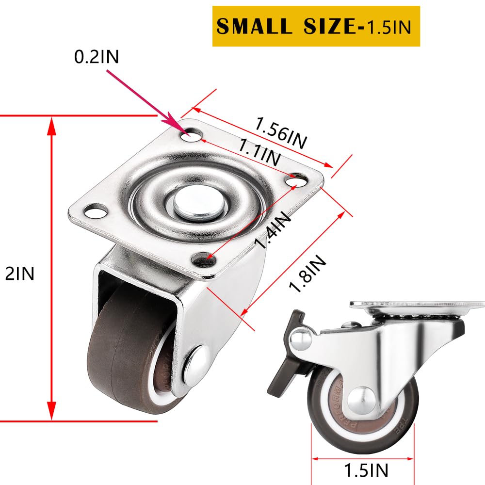 1.5 Inch Caster Wheels for Small Furniture Heavy Duty Casters, Rubber 360º Swivel Casters Set of 4 (2 with Brakes&2 Without), Locking Plate Casters for Carts, Cabinet Moving