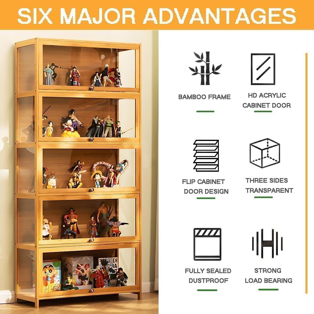 Curio Display Cabinet, 5 Tier Storage Shelves with Acrylic Glass Door, Transparent Bamboo Display Case for Figures, Display Shelves for Collectibles & Kids Bookcase for Home (Wooden Flip Door) iusyugh
