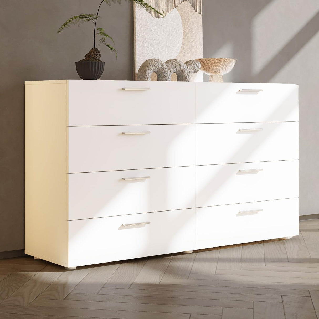 Karl home White Dresser for Bedroom, Wood 8 Drawer Dresser Chest of Drawers, 55 Inch Dresser Bedroom Furniture, Large Dresser Storage Chest with Deep Drawers, TV Stand, 55.1" X 15.7" X 31.5" Karl home