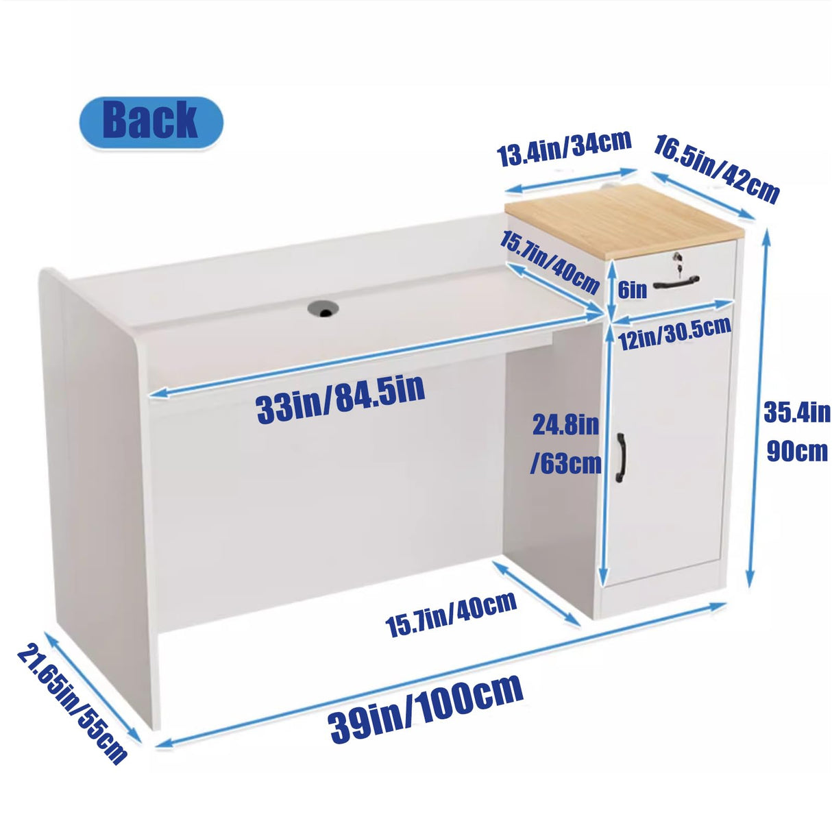 LANBVIELT Modern Reception Desk, Front Counter with Lockable Drawer, White Retail Counter with Outer Display Rack, Checkout Receptionist Desk for Market, Office, Fruit Shop (39x21.6x35.4in) LANBVIELT