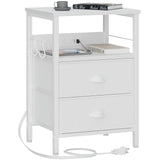 Furologee End Table with Charging Station, Nightstand with Fabric Drawers, Side Tables with USB Ports & Outlets, Night Stand with Storage Shelf & Hooks, for Living Room/Bedroom, White Furologee