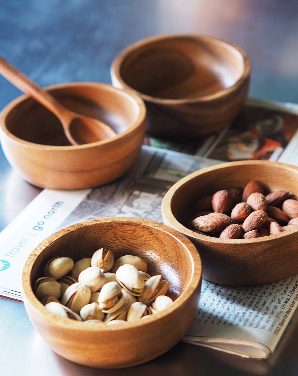 BestySuperStore Small Round Wood Bowls 4 Pcs 3¾" Diameter 1½" High Stackable Acacia Wooden Bowl Set with 4 spoons for serving salad salsa dip sauce snack cereal fruit Decor Tableware Side Dish Sets BestySuperStore