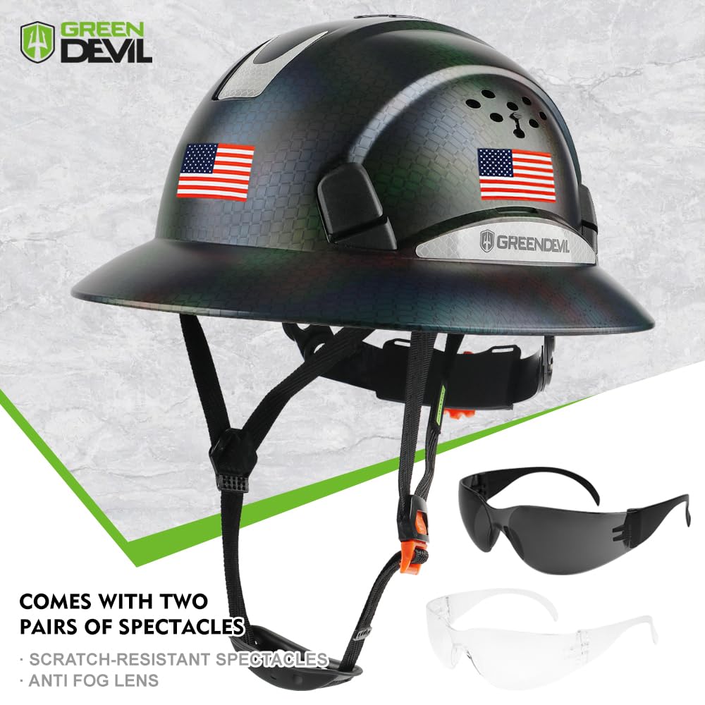 GREEN DEVIL Full Brim Hard Hat Vented Construction Safety Helmet OSHA Approved Cascos De Construccion ABS Work Hardhat for Men&Women 6 Point Adjustable Ratchet Suspension Custom Pattern Design