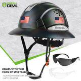 GREEN DEVIL Full Brim Hard Hat Vented Construction Safety Helmet OSHA Approved Cascos De Construccion ABS Work Hardhat for Men&Women 6 Point Adjustable Ratchet Suspension Custom Pattern Design GREEN DEVIL