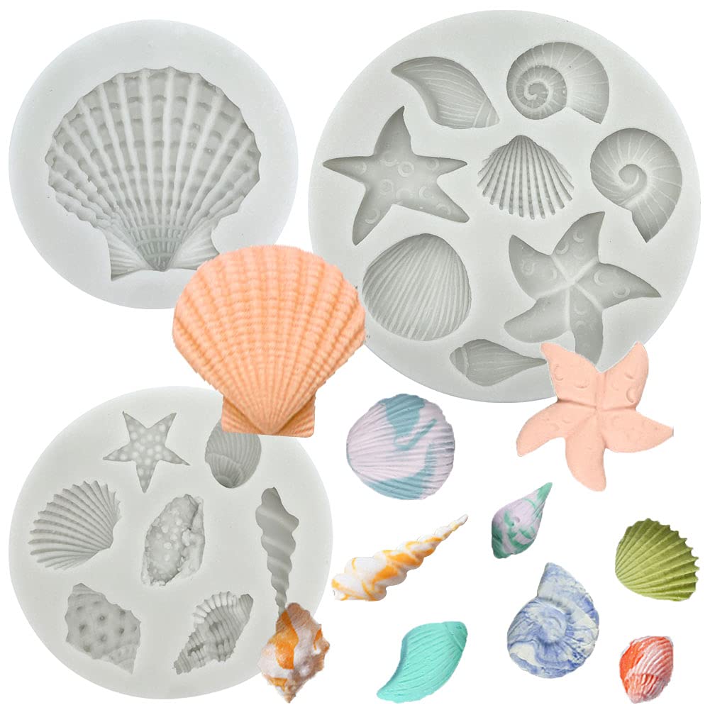 3 PCS Marine Theme Cake Fondant Silicone Mold Seashell Conch Starfish Coral Baking Molds for DIY Cake Decoration Chocolate Candy Polymer Clay Crafting Projects GeoGeoDIY