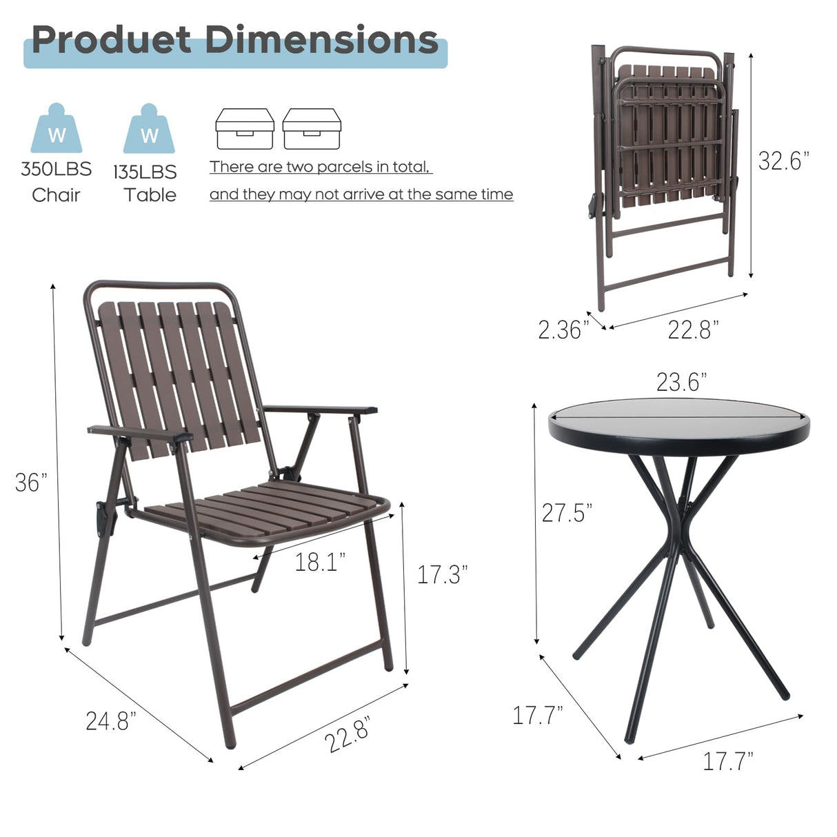 3 Pieces Patio Bistro Set Folding Small Table Chairs Set for 2 Outdoor Bistro Furniture Sets with Glass Coffee Table for Lawn Backyard Balcony Poolside CHINNLUU