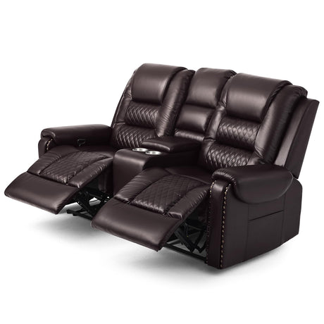 Large Massage Recliner Loveseat with Lumbar Heating, PU Leather Reclining Sofa Chairs, Ergonomic Living Room Chairs with Cup Holders and Remote Control, Brown COSVALVE